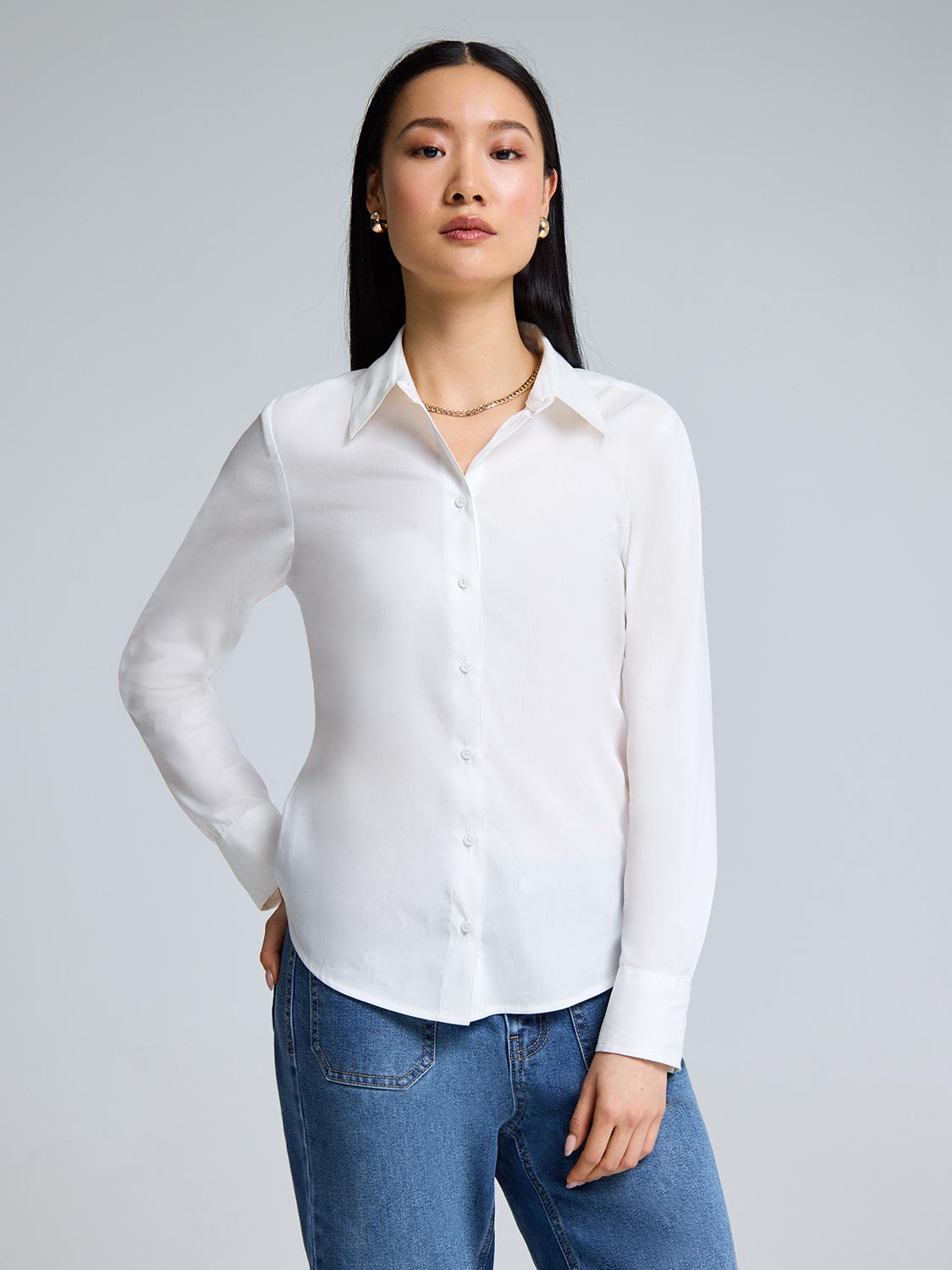 Cotton Blend Button-Up Blouse