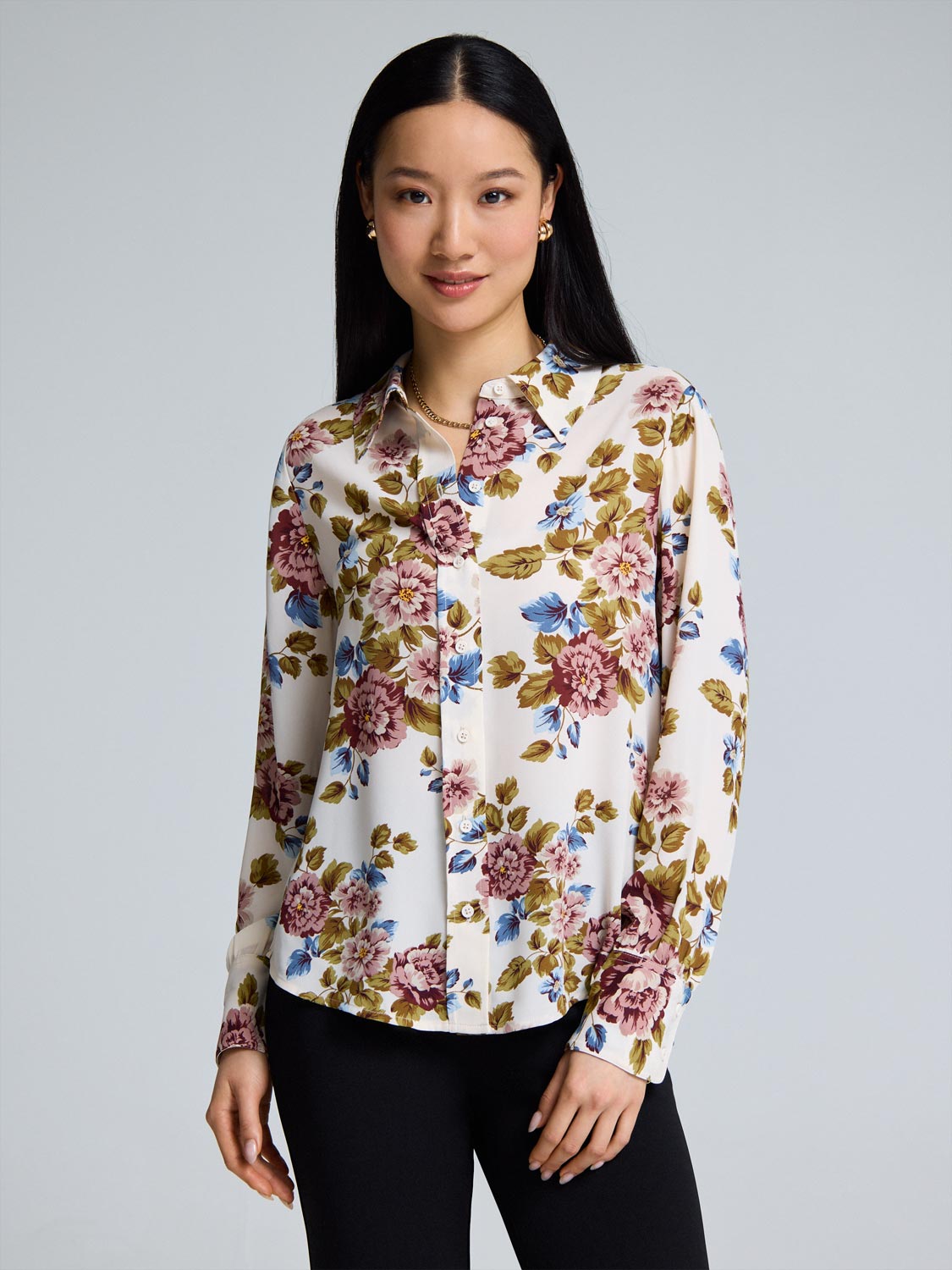 Floral Button-Front Chiffon Blouse