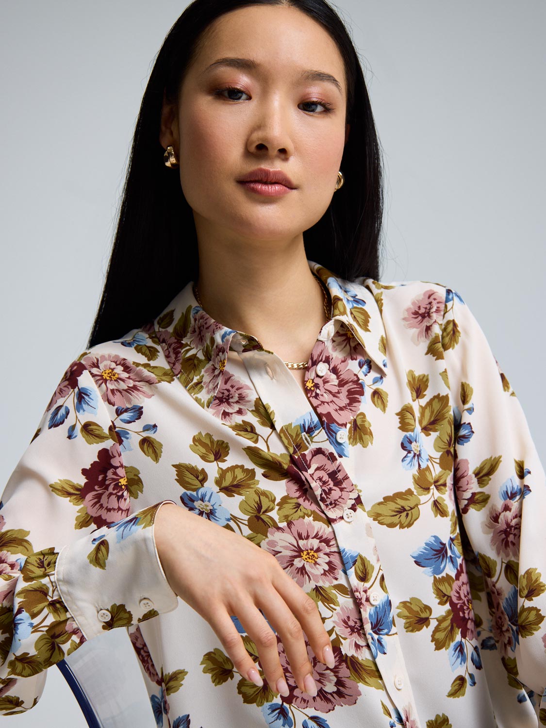 Floral Button-Front Chiffon Blouse