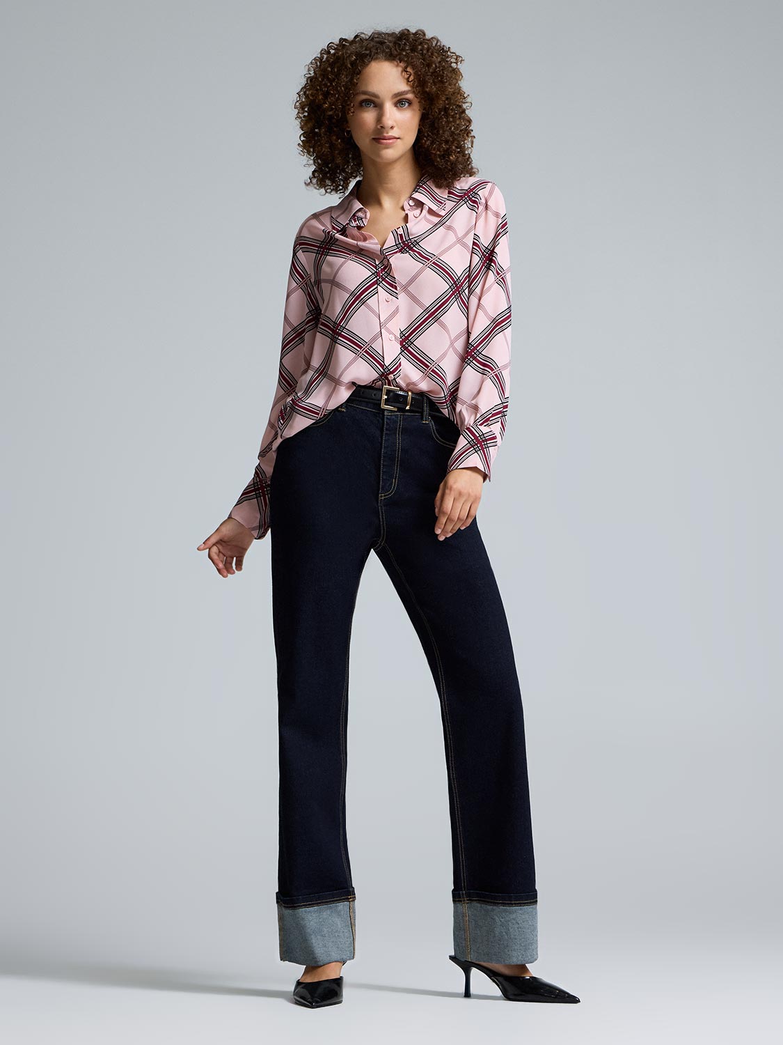 Plaid Button-Front Chiffon Blouse