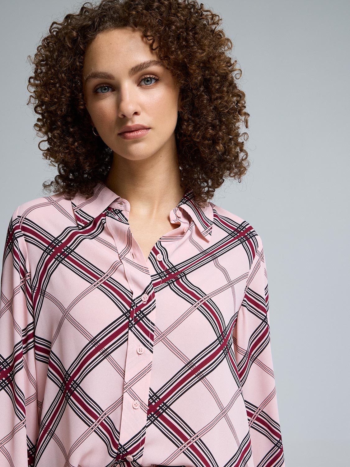 Plaid Button-Front Chiffon Blouse