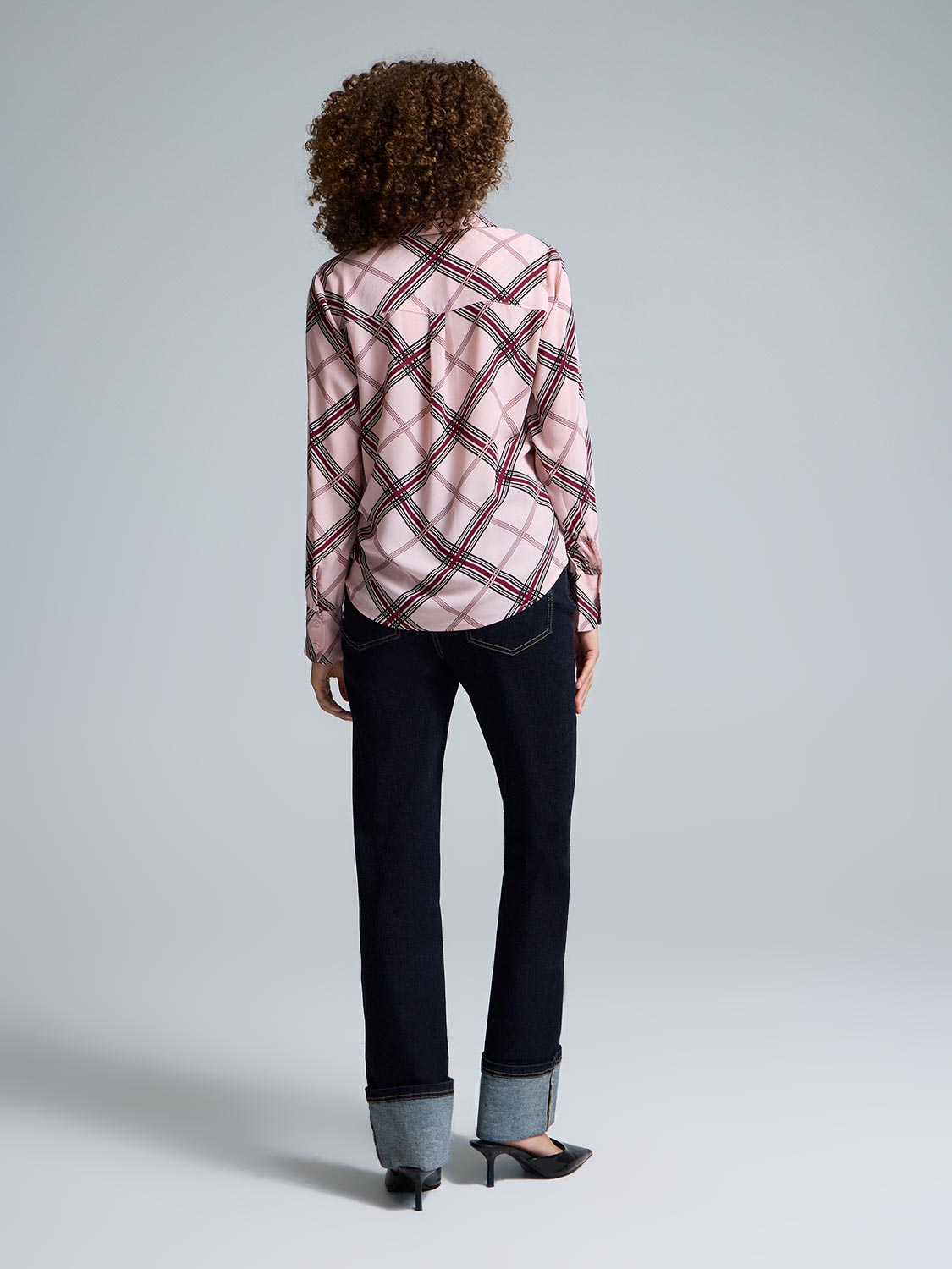 Plaid Button-Front Chiffon Blouse