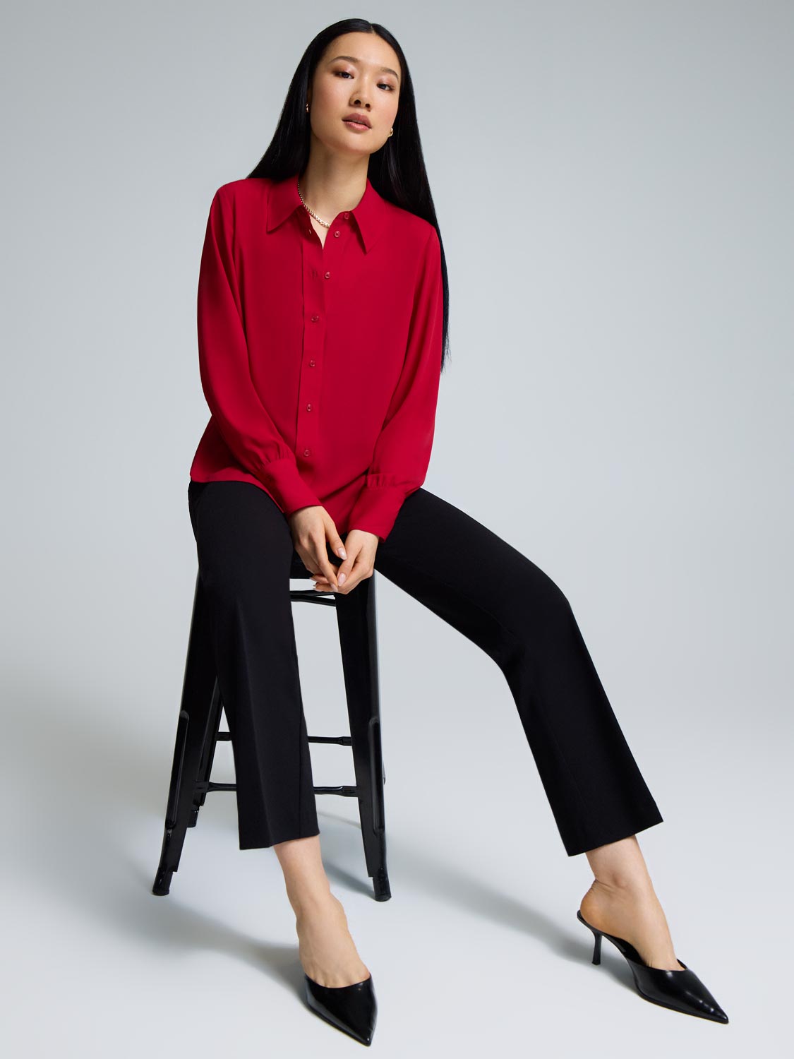 Button-Front Chiffon Blouse