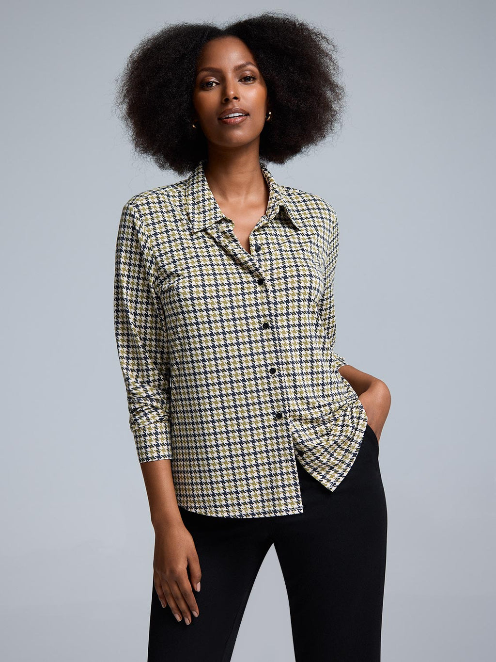 Houndstooth Button-Front Classic Blouse