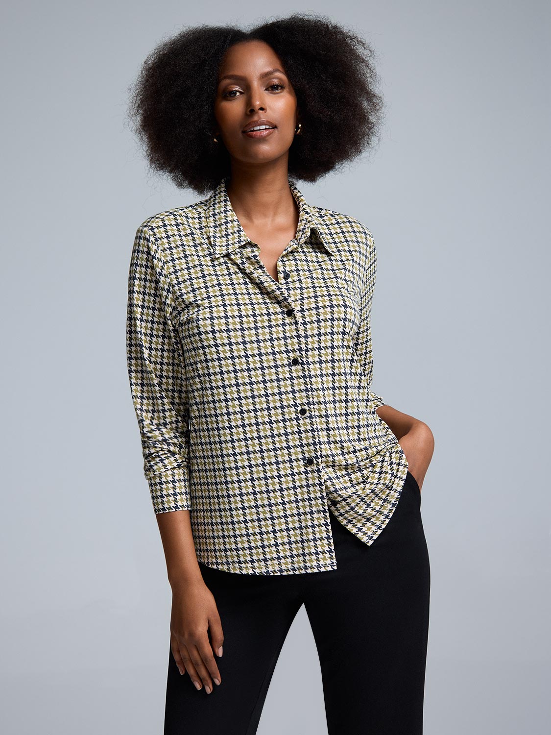 Houndstooth Button-Front Classic Blouse
