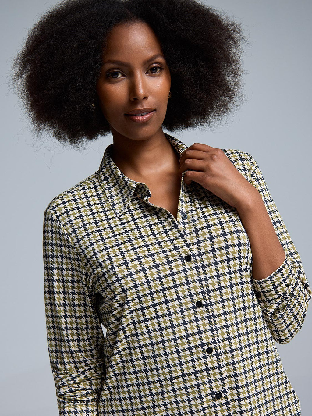 Houndstooth Button-Front Classic Blouse