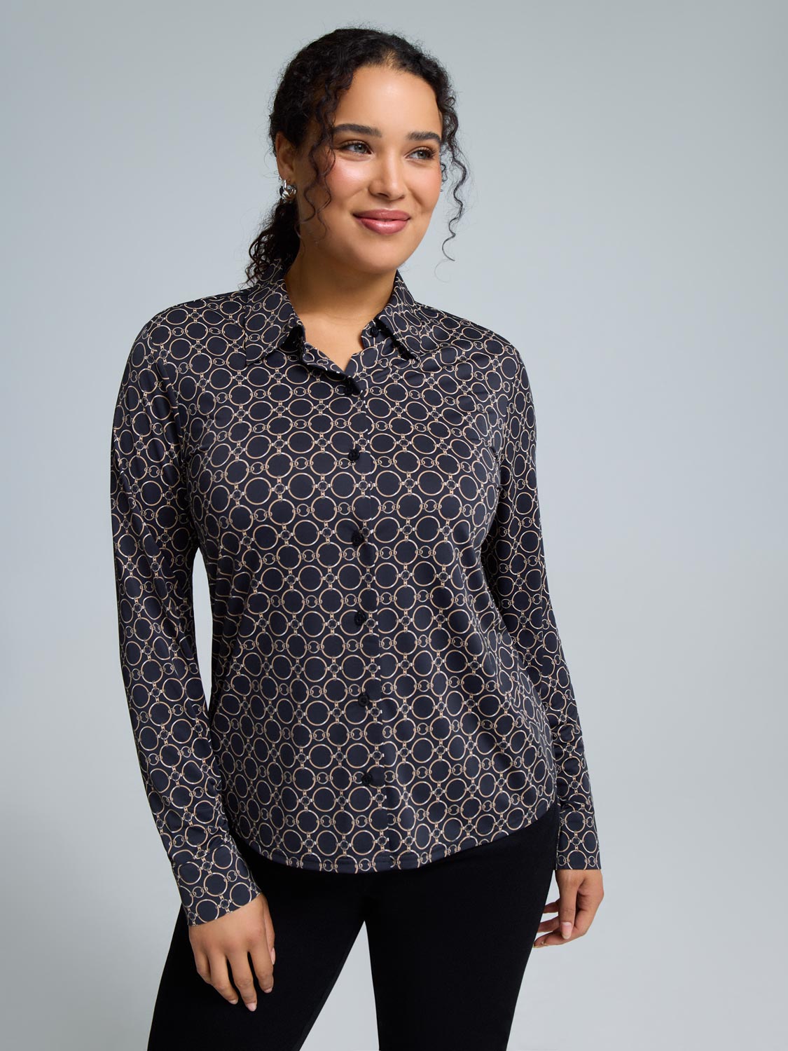 Chain Print Button-Front Classic Blouse