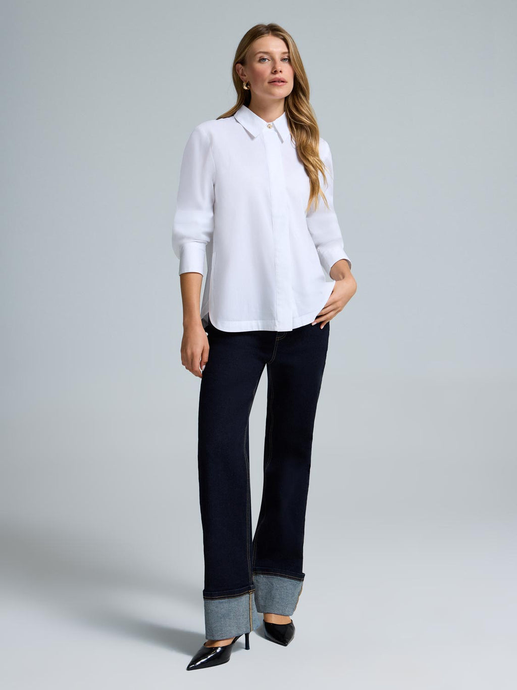 Cotton Poplin Button-Front Blouse