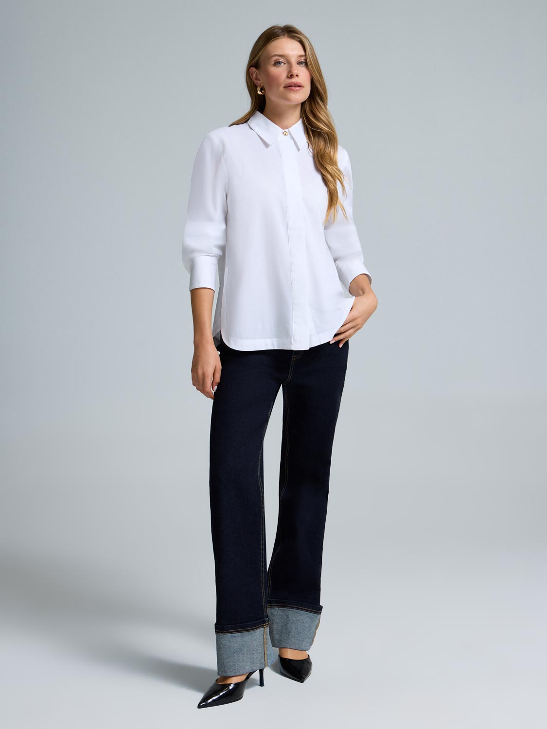 Cotton Poplin Button-Front Blouse