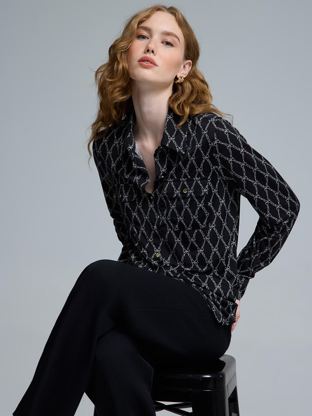 Bow Print Utility Blouse