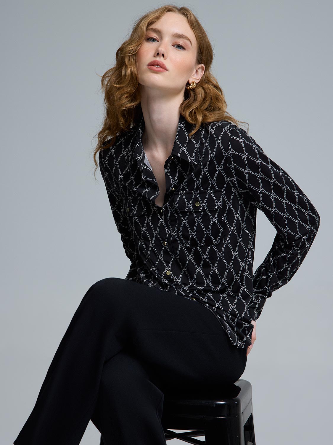 Bow Print Utility Blouse