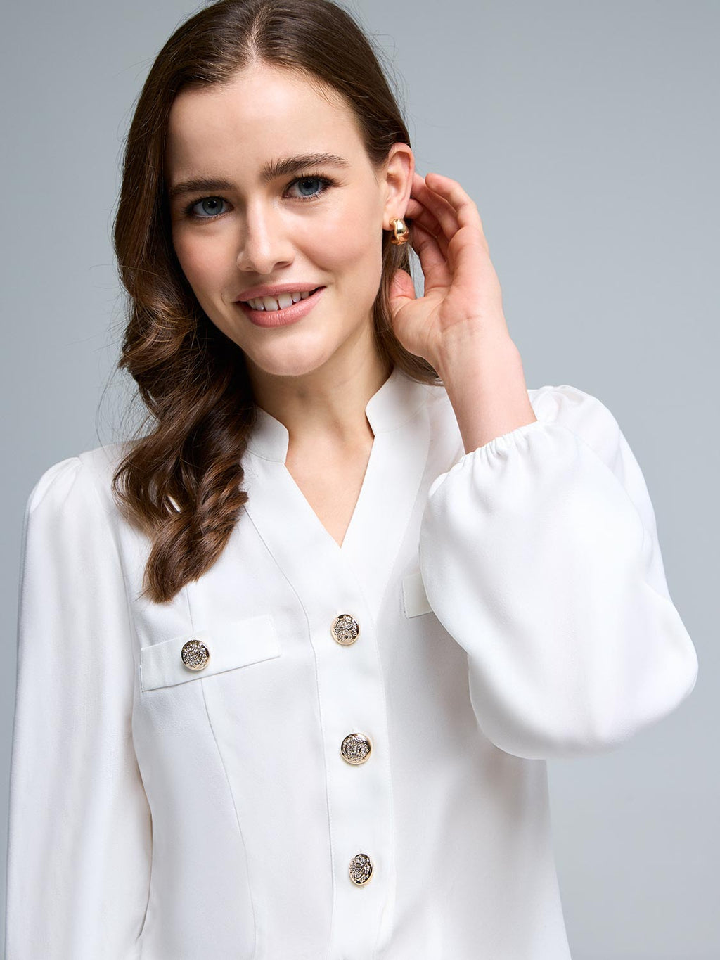 Split Neck Button-Front Blouse