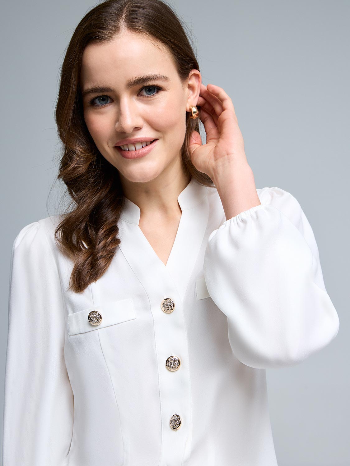 Split Neck Button-Front Blouse