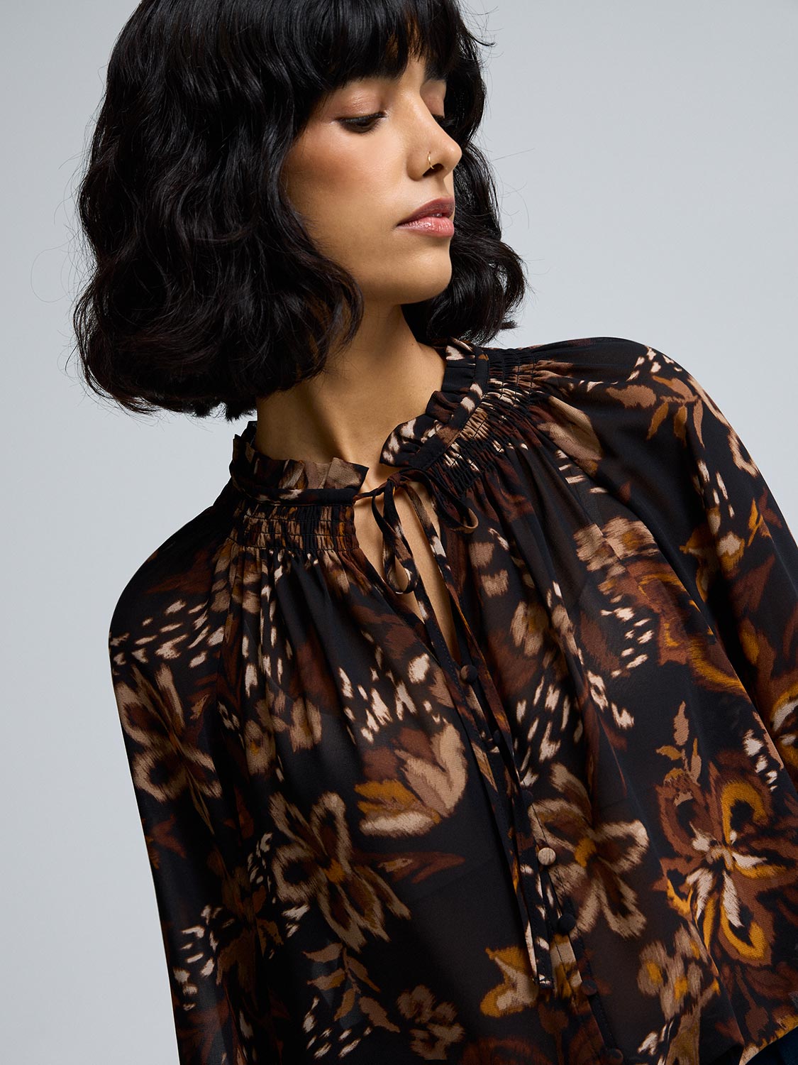Floral Smocked Neck Chiffon Blouse
