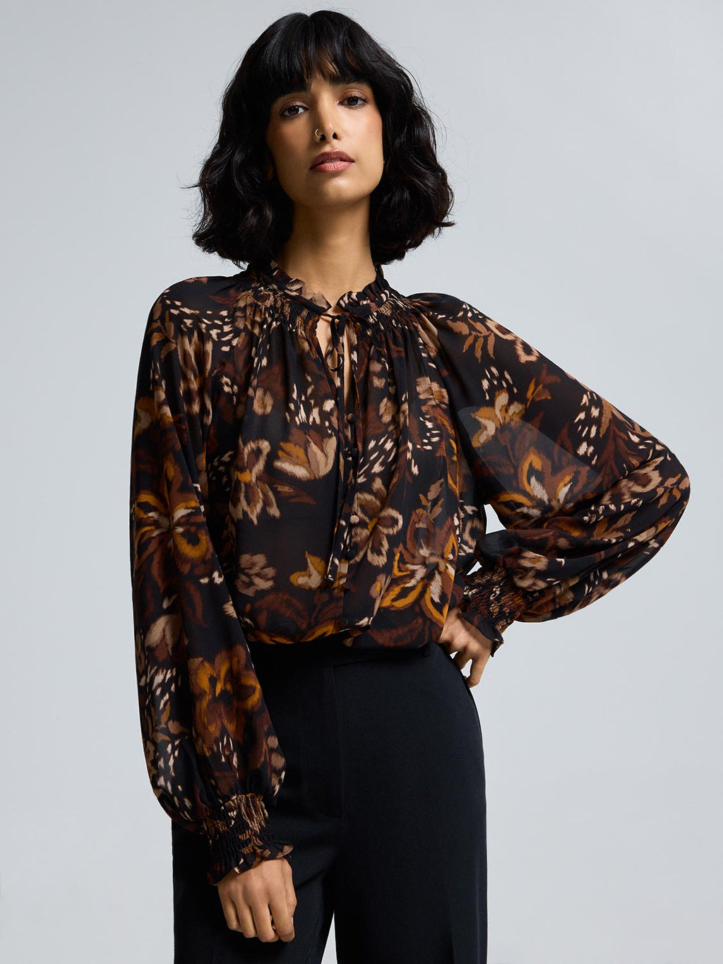Floral Smocked Neck Chiffon Blouse