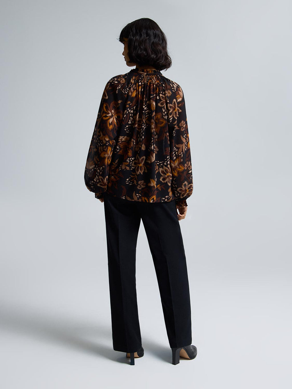 Floral Smocked Neck Chiffon Blouse