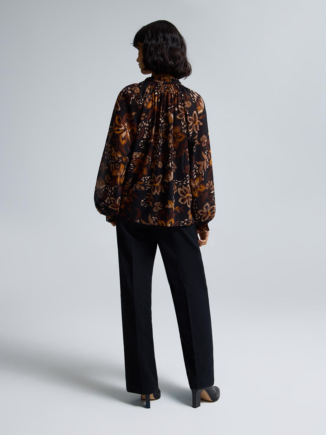 Floral Smocked Neck Chiffon Blouse