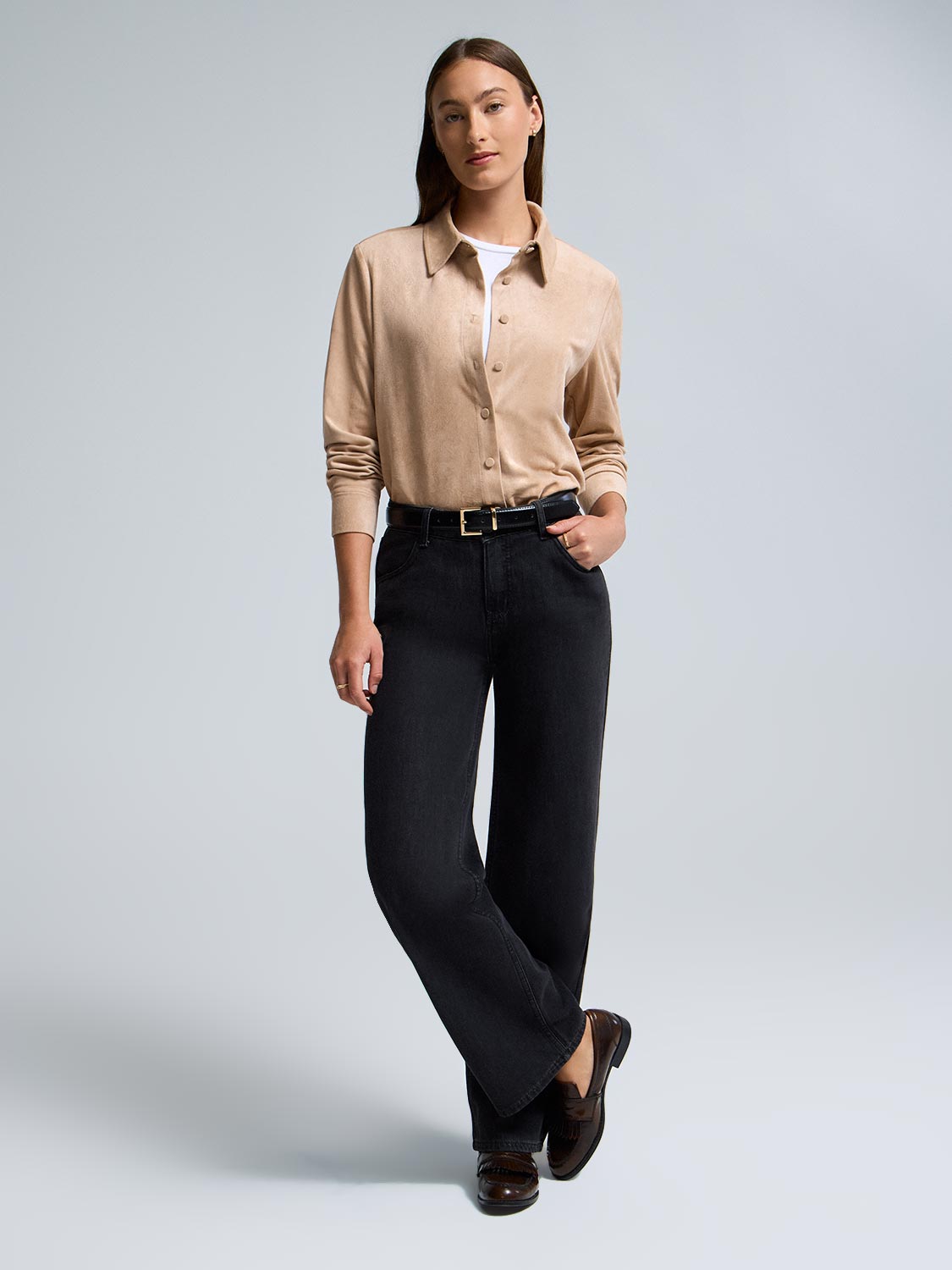 Faux Suede Button-Front Blouse