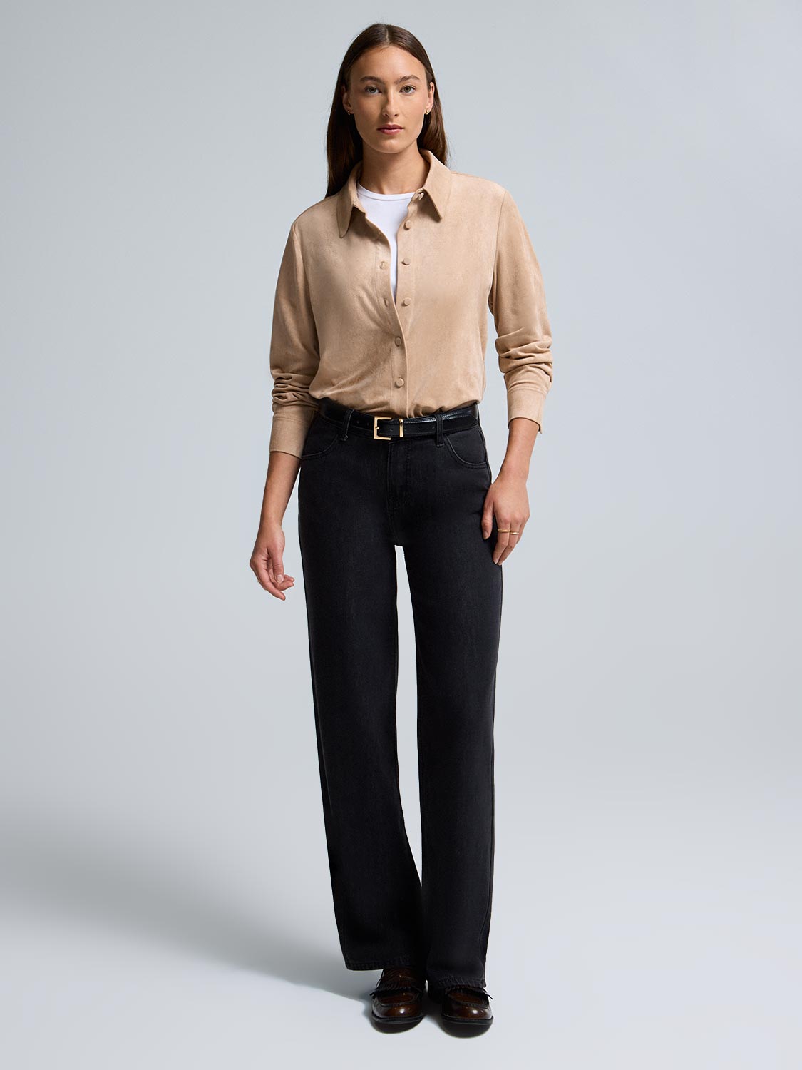 Faux Suede Button-Front Blouse