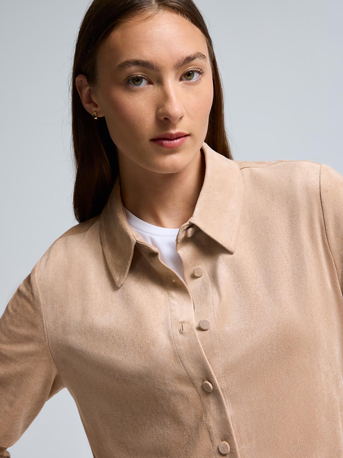 Faux Suede Button-Front Blouse