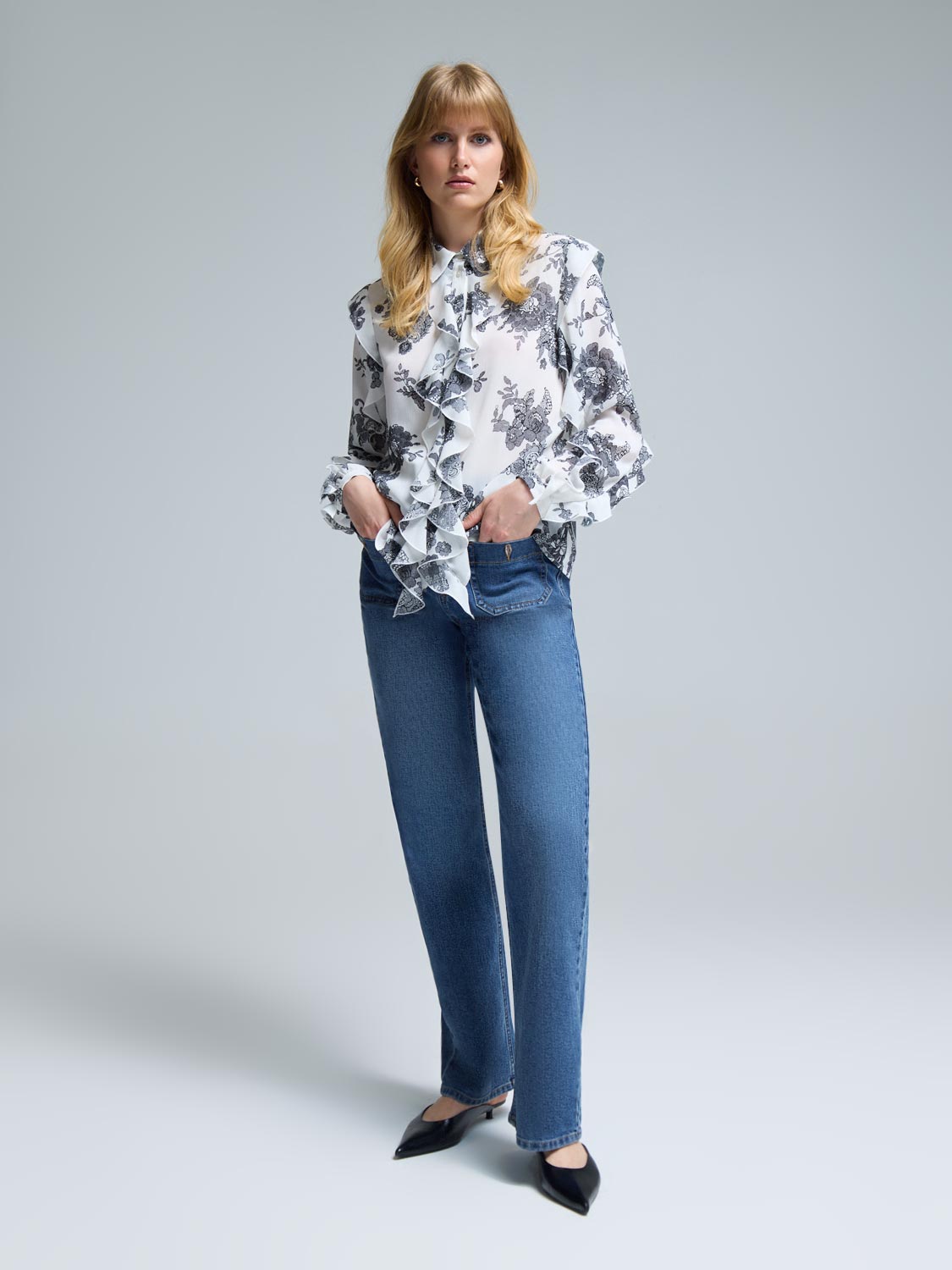 Floral Button-Up Ruffle Blouse
