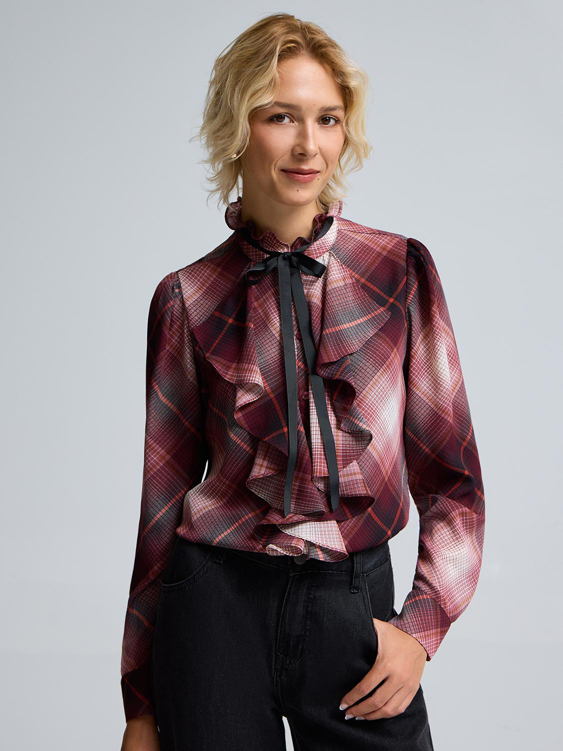 Plaid Ruffle Button-Front Chiffon Blouse