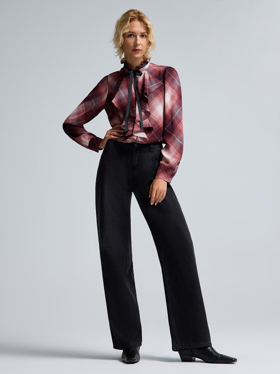 Plaid Ruffle Button-Front Chiffon Blouse
