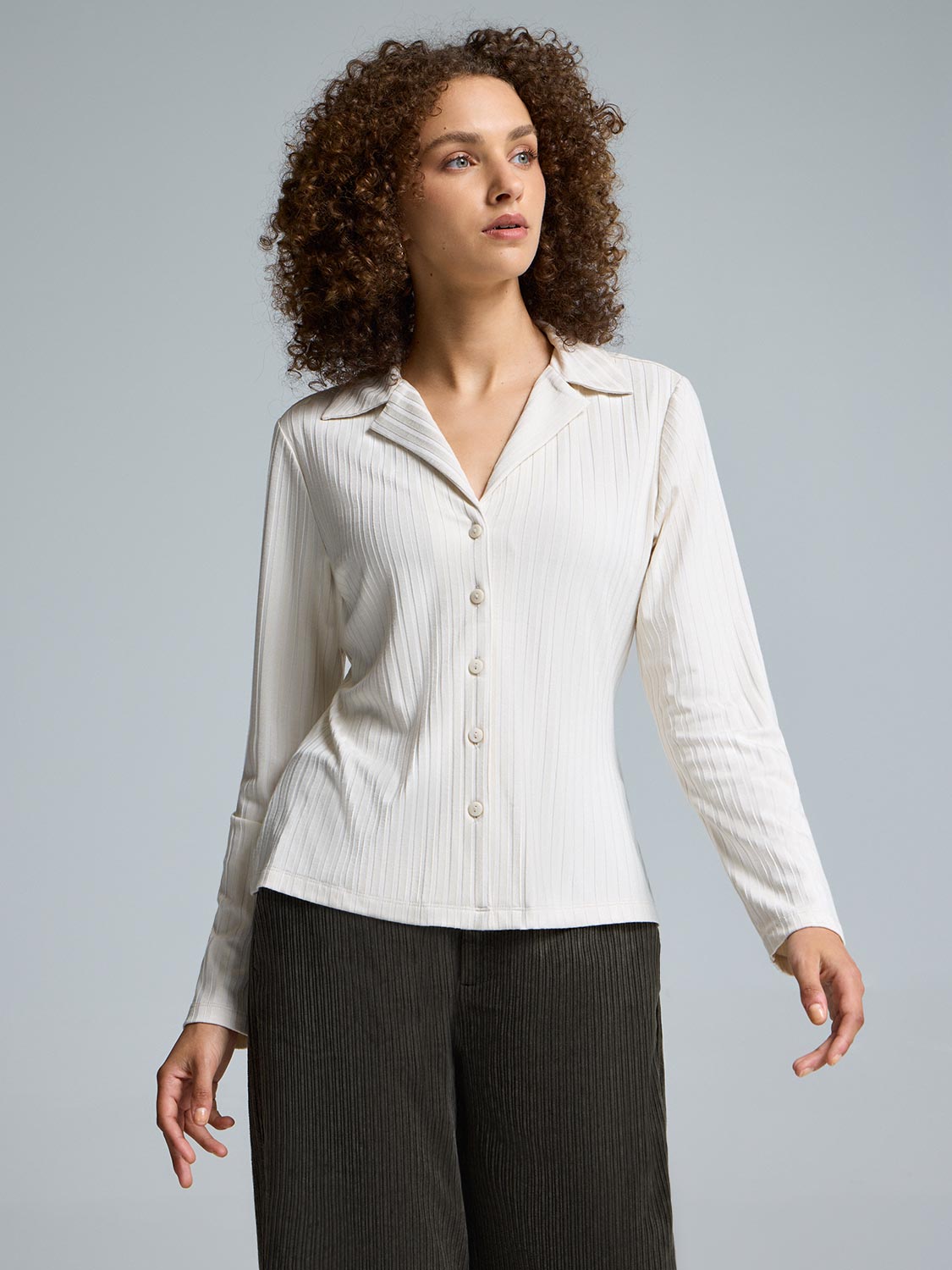 Ribbed Button-Front Blouse