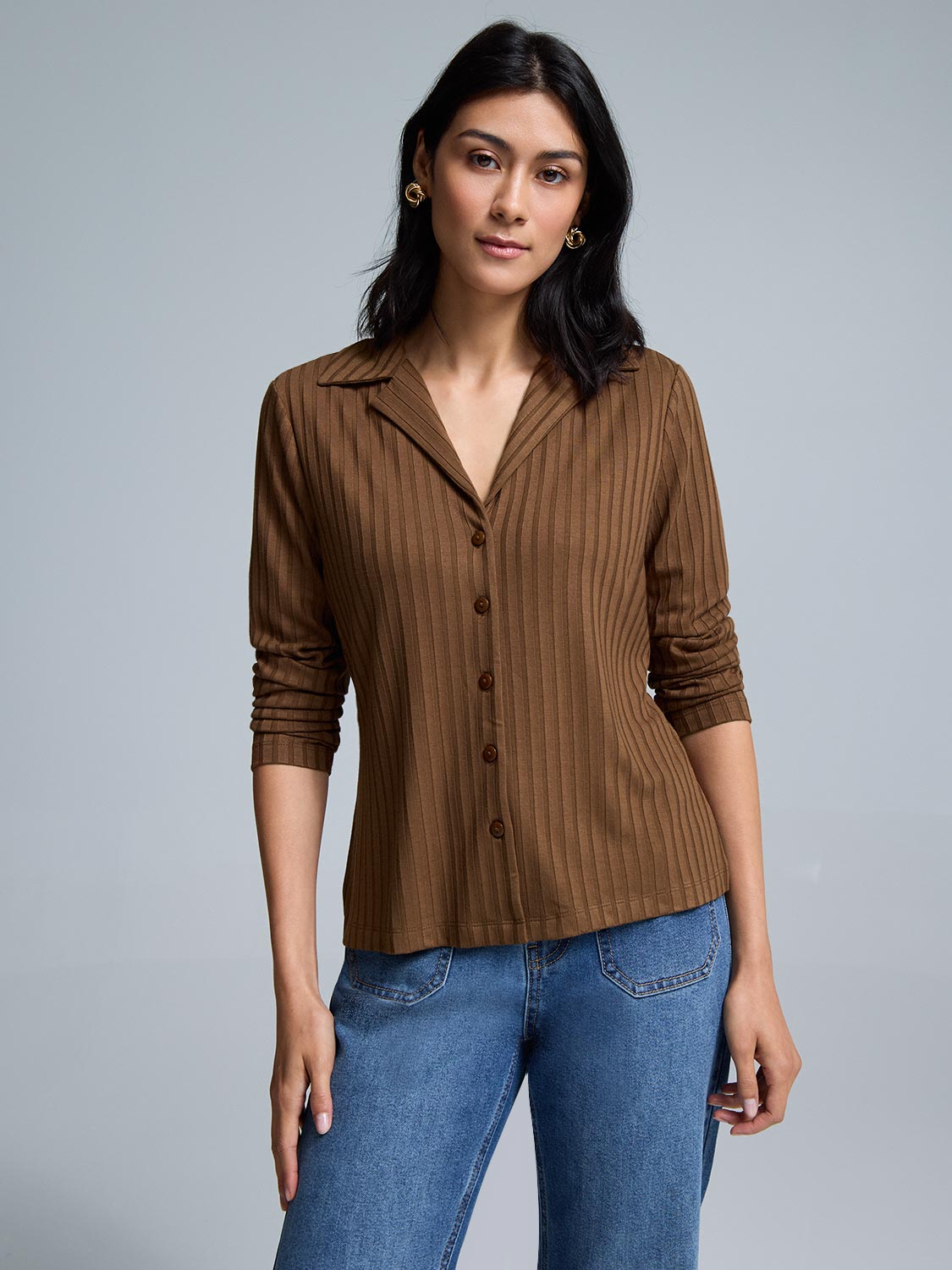 Ribbed Button-Front Blouse