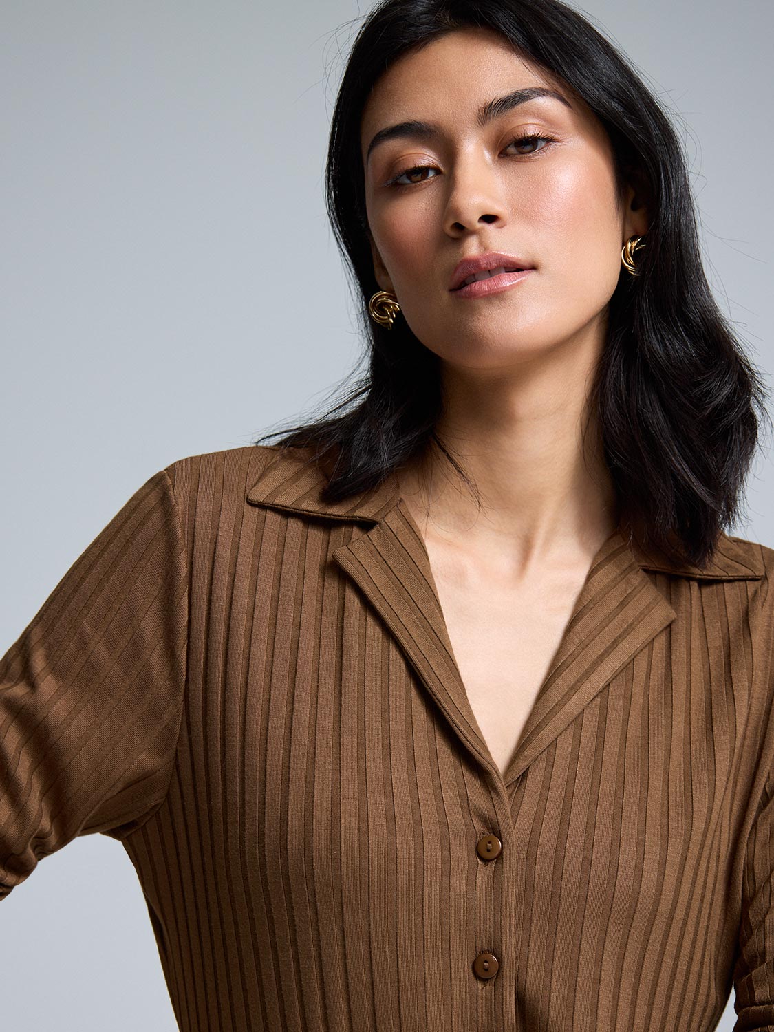 Ribbed Button-Front Blouse
