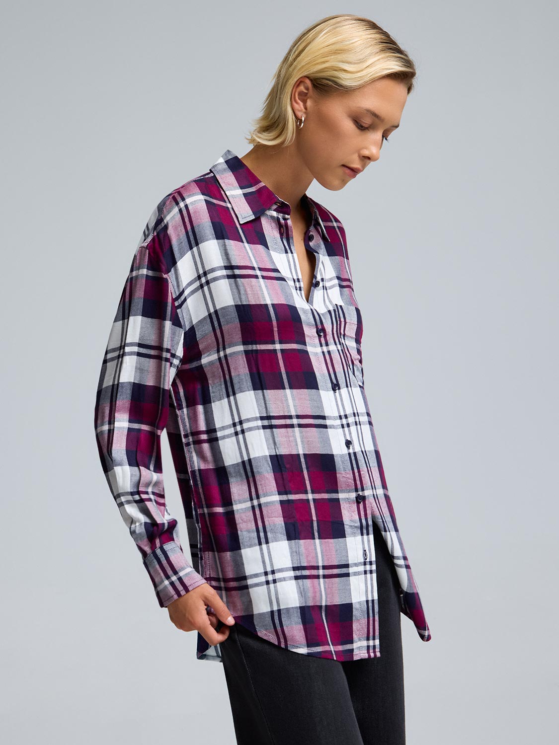 Button-Front Plaid Blouse