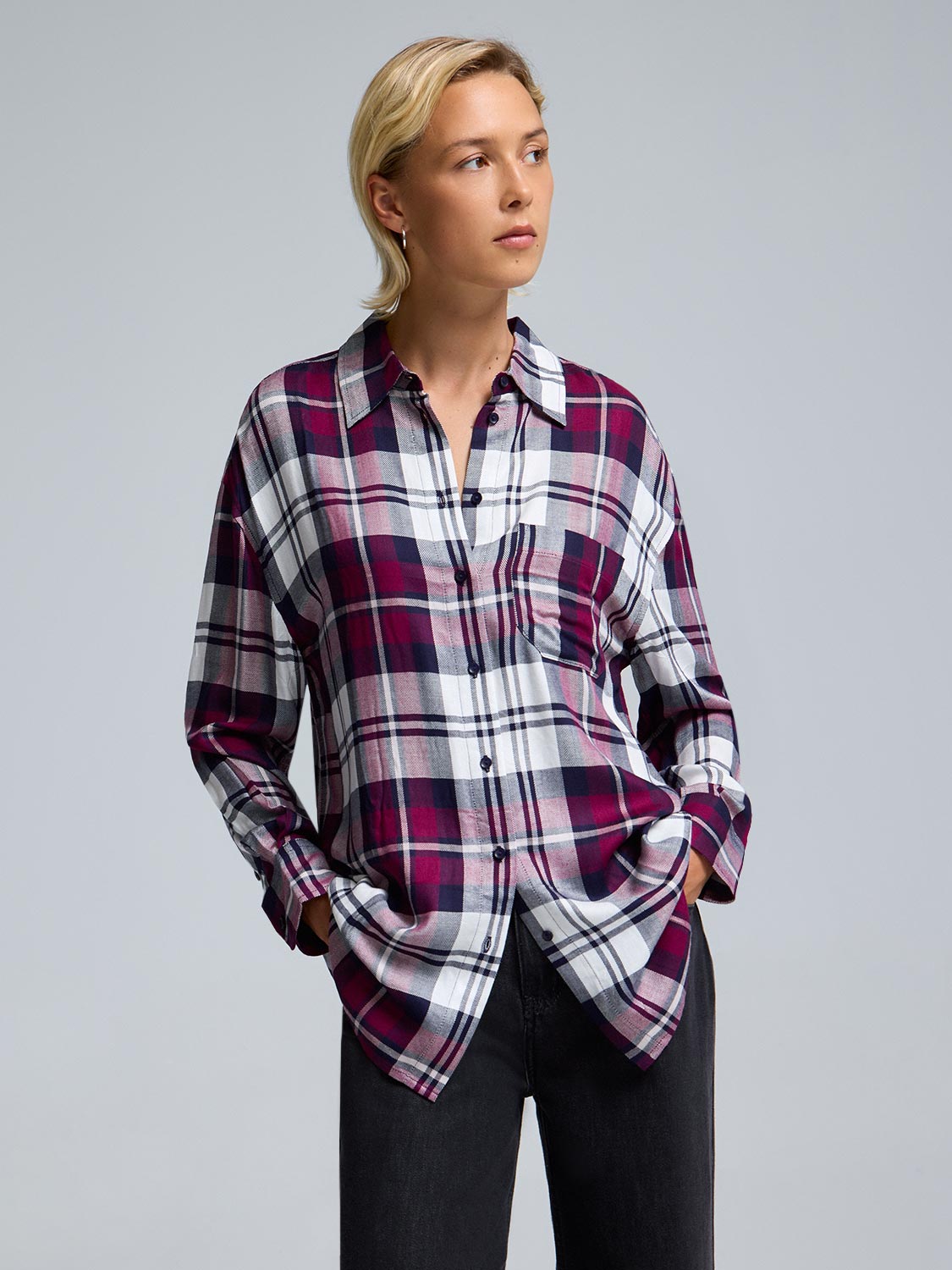 Button-Front Plaid Blouse