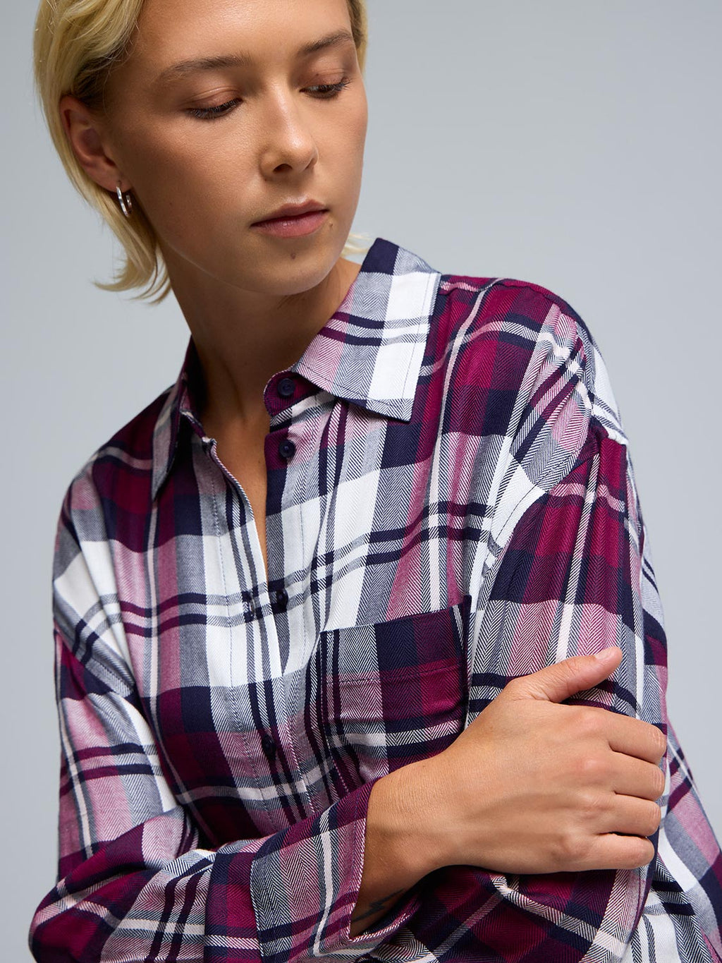 Button-Front Plaid Blouse