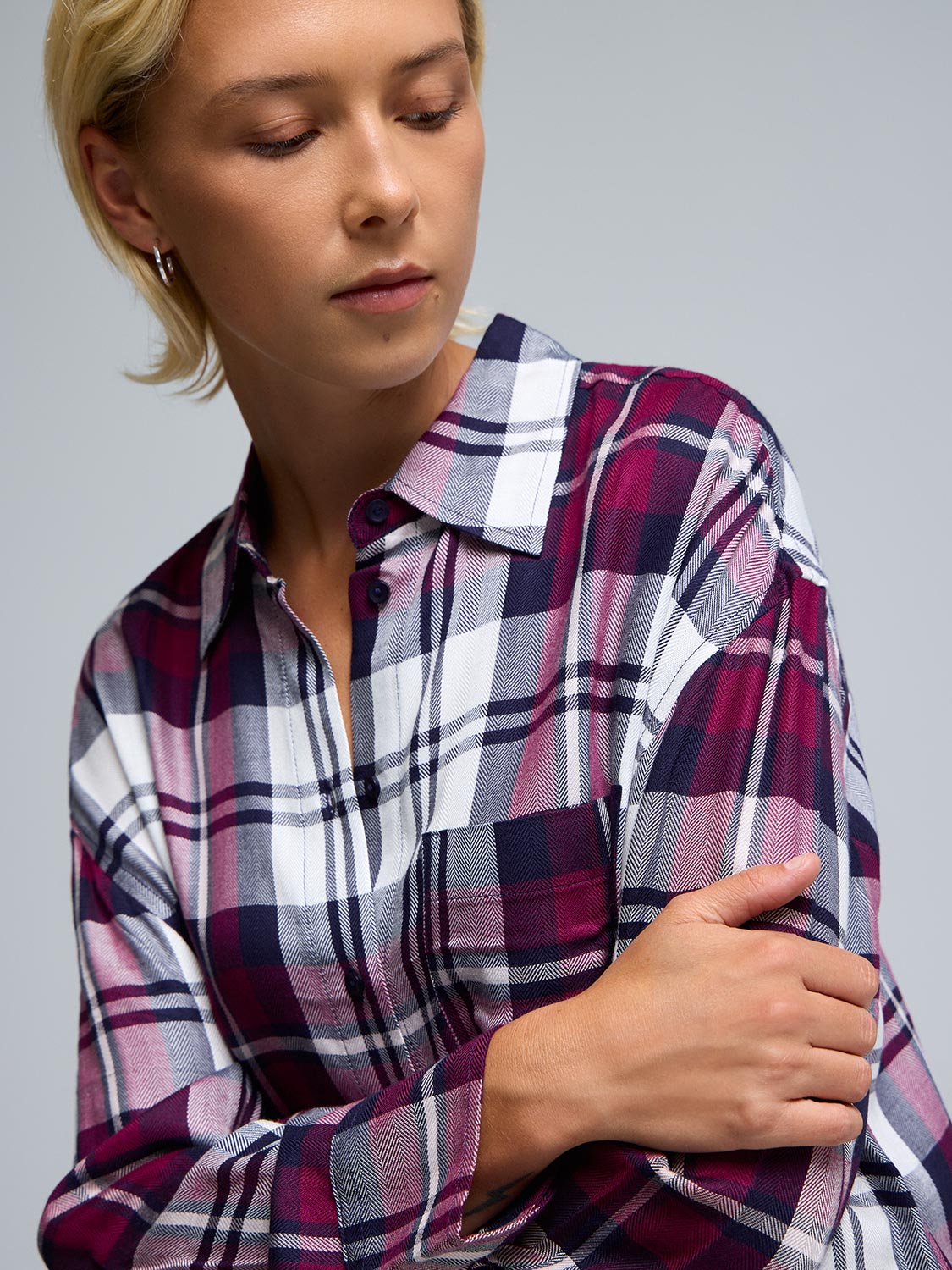 Button-Front Plaid Blouse