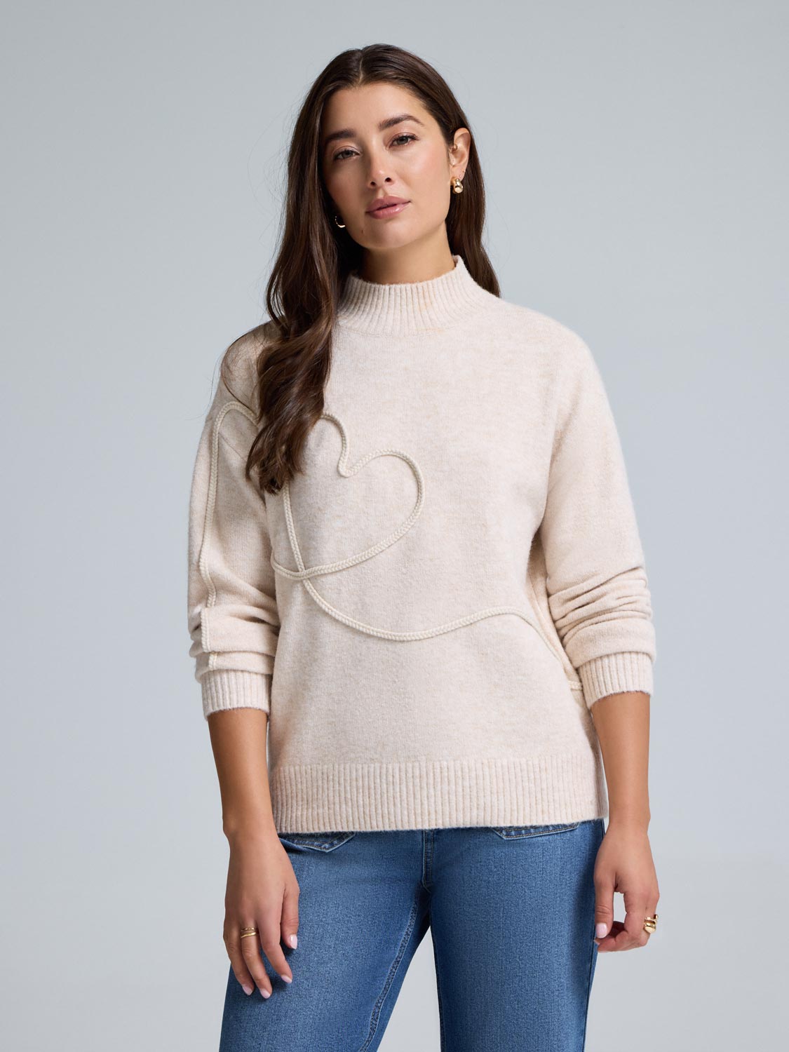 Braided Heart Mock Neck Sweater