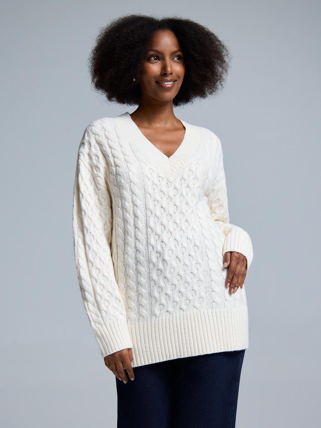 V-Neck Cable Knit Sweater