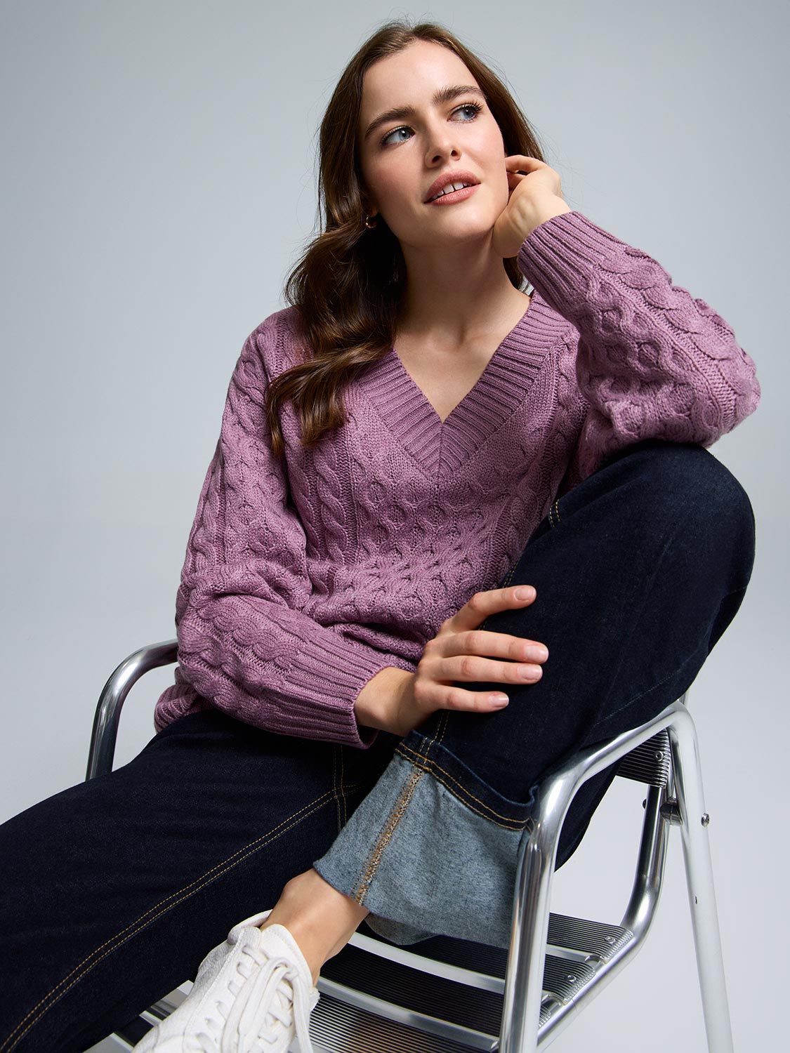V-Neck Cable Knit Sweater