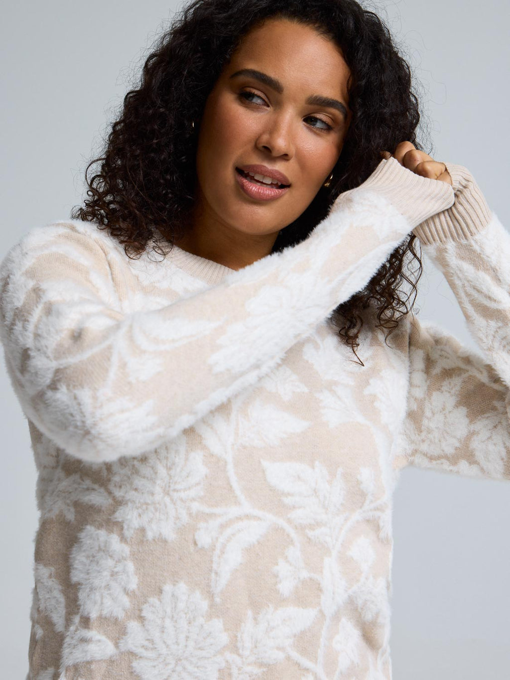Floral Jacquard Fuzzy Sweater