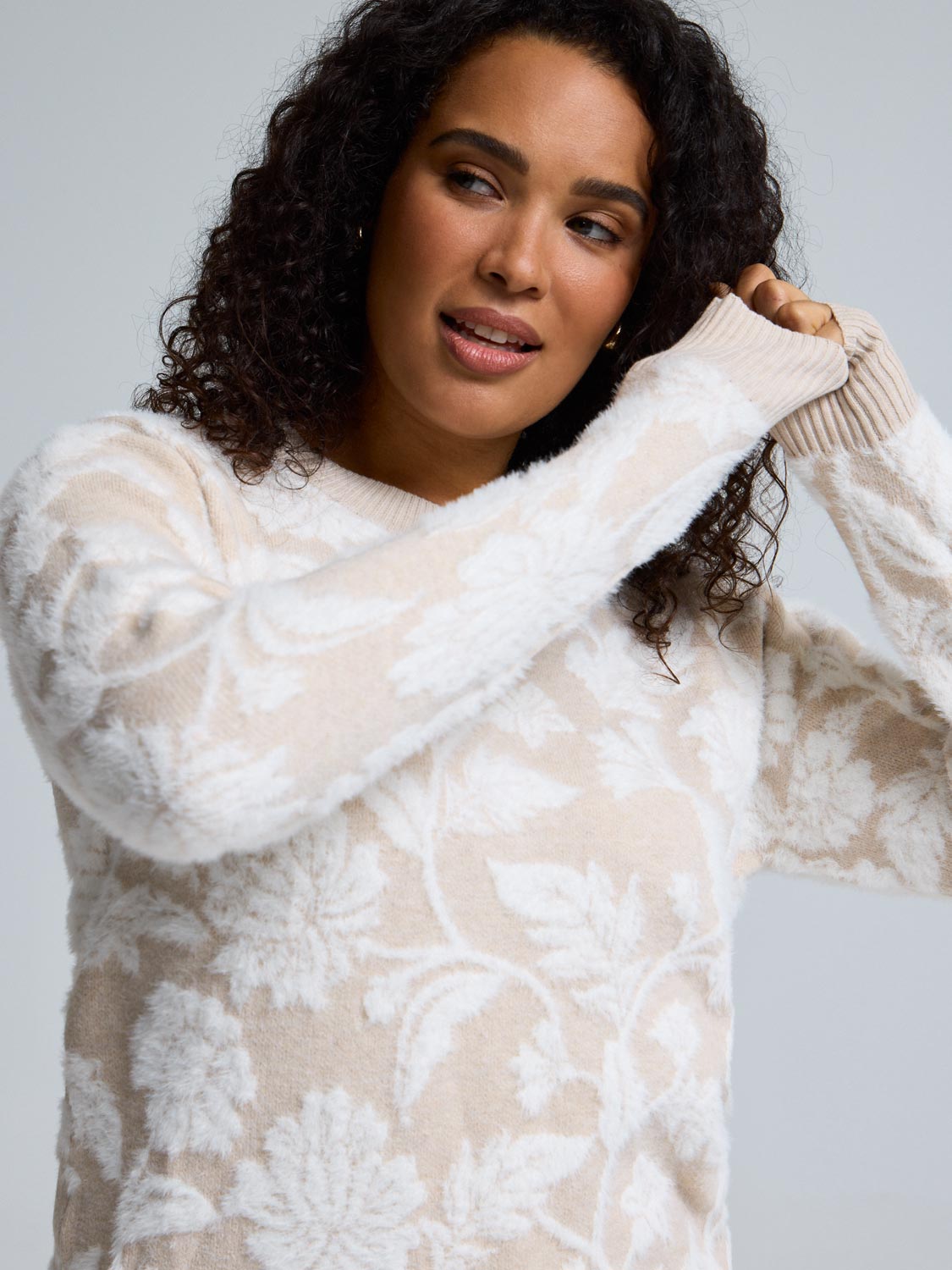 Floral Jacquard Fuzzy Sweater