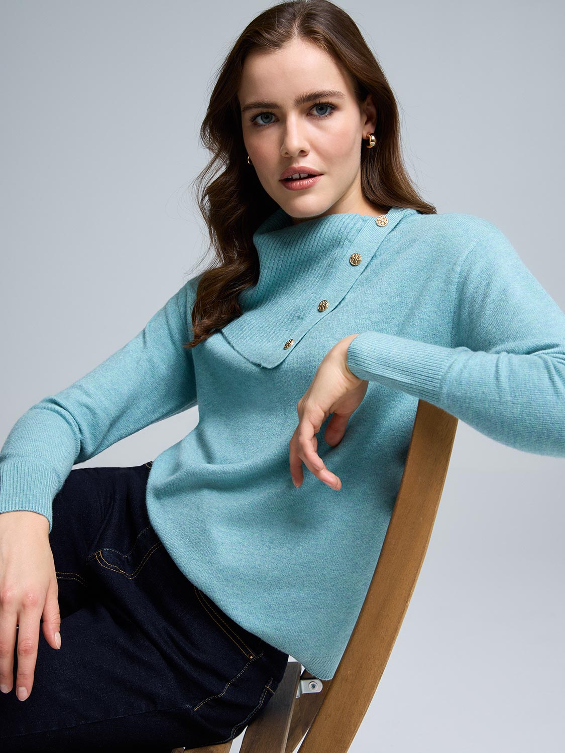 Split Neck Sweater With Button Details