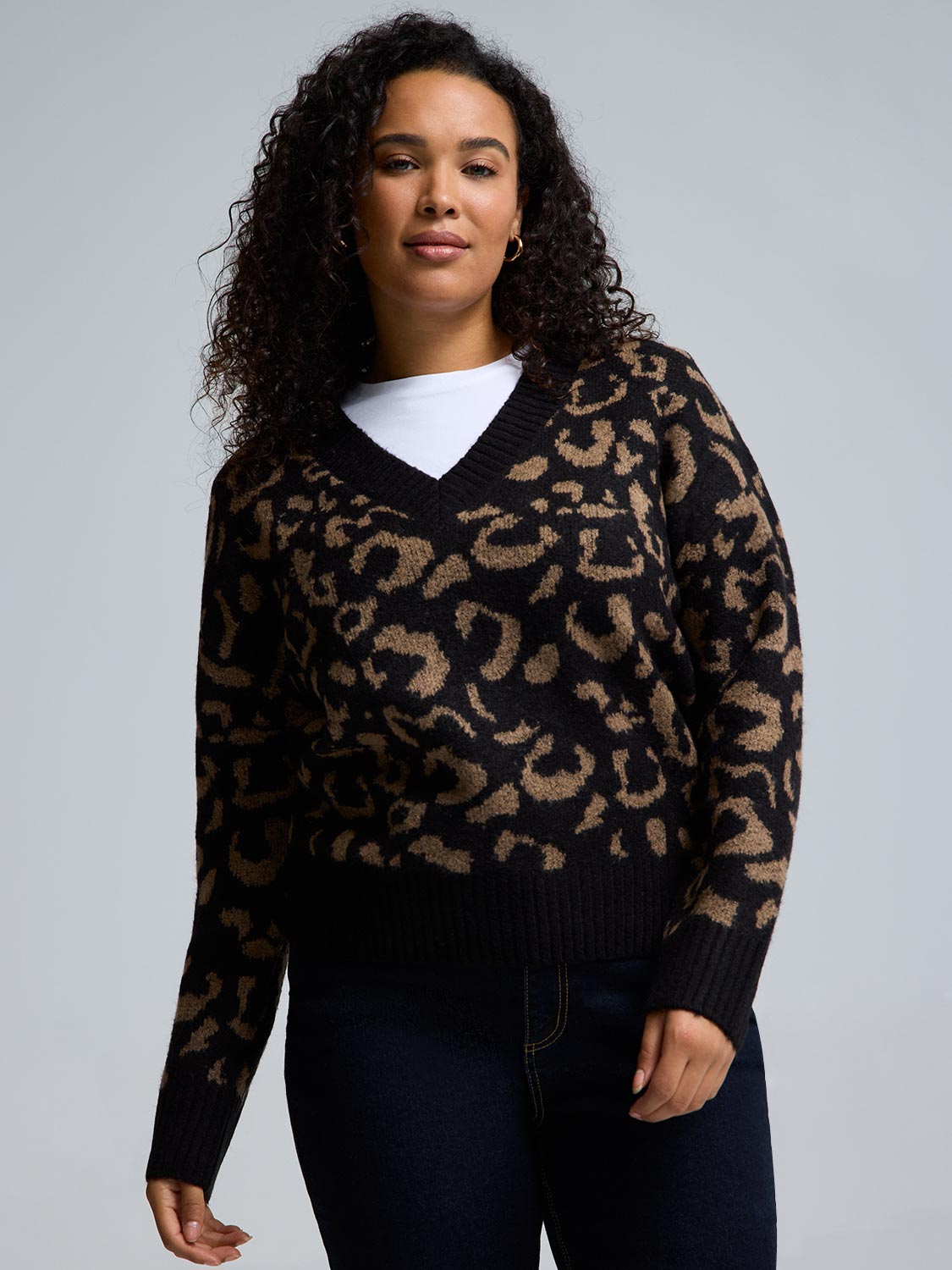 Animal Print Jacquard V-Neck Sweater