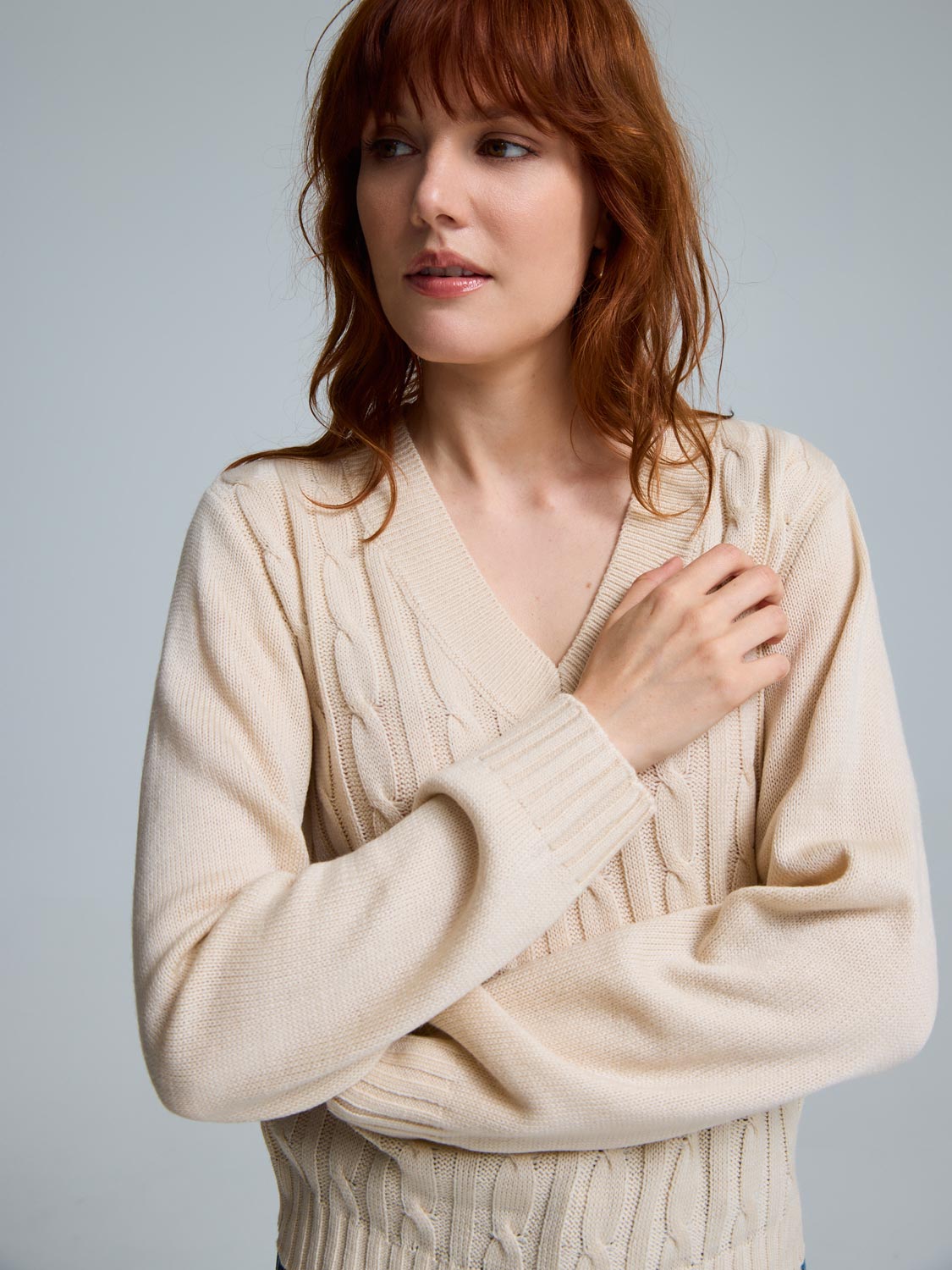 V-Neck Cable Knit Front Sweater