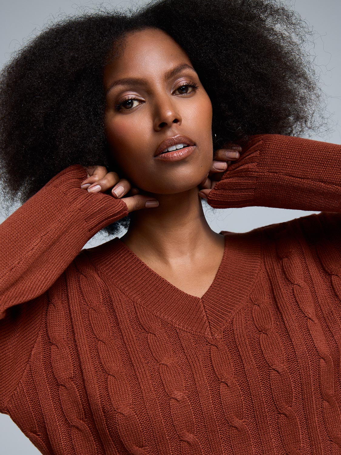 V-Neck Cable Knit Front Sweater