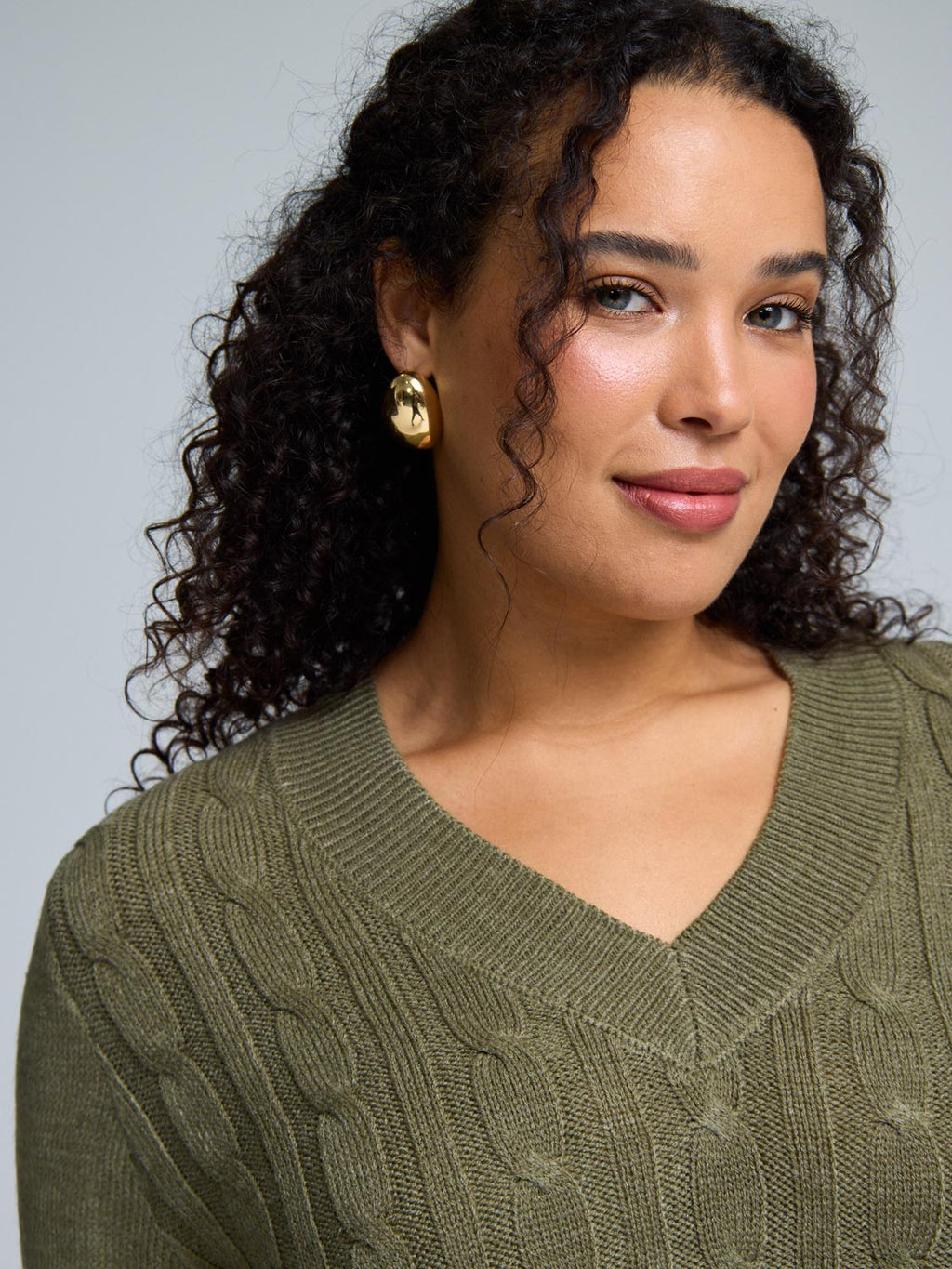 V-Neck Cable Knit Front Sweater