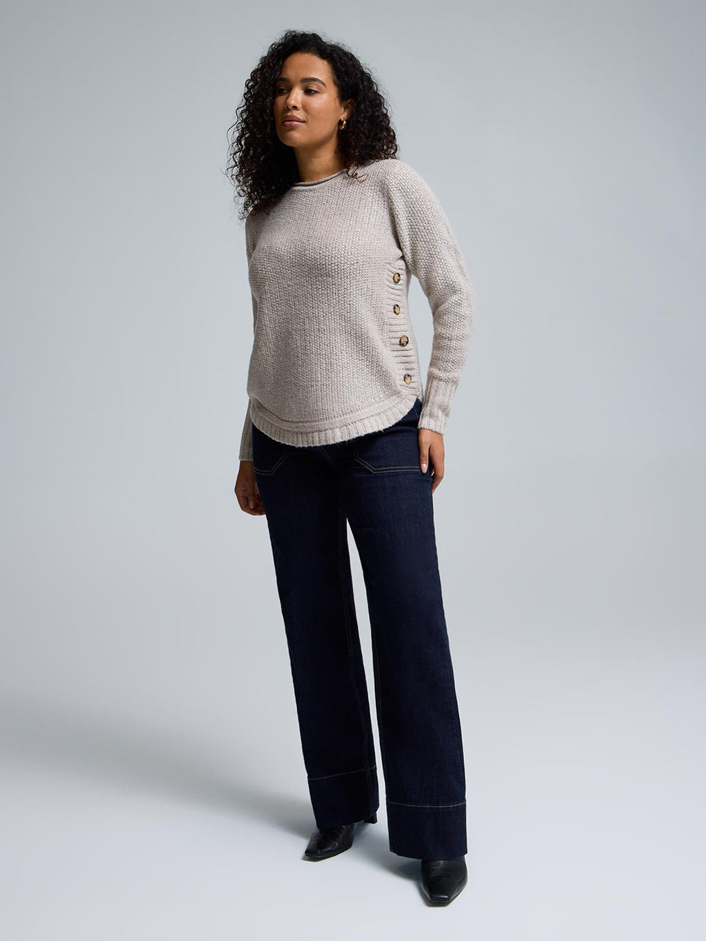 Button-Detail Rounded Hem Sweater