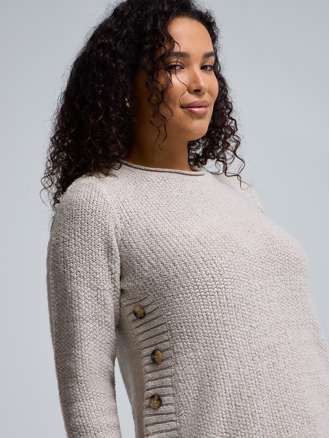 Button-Detail Rounded Hem Sweater