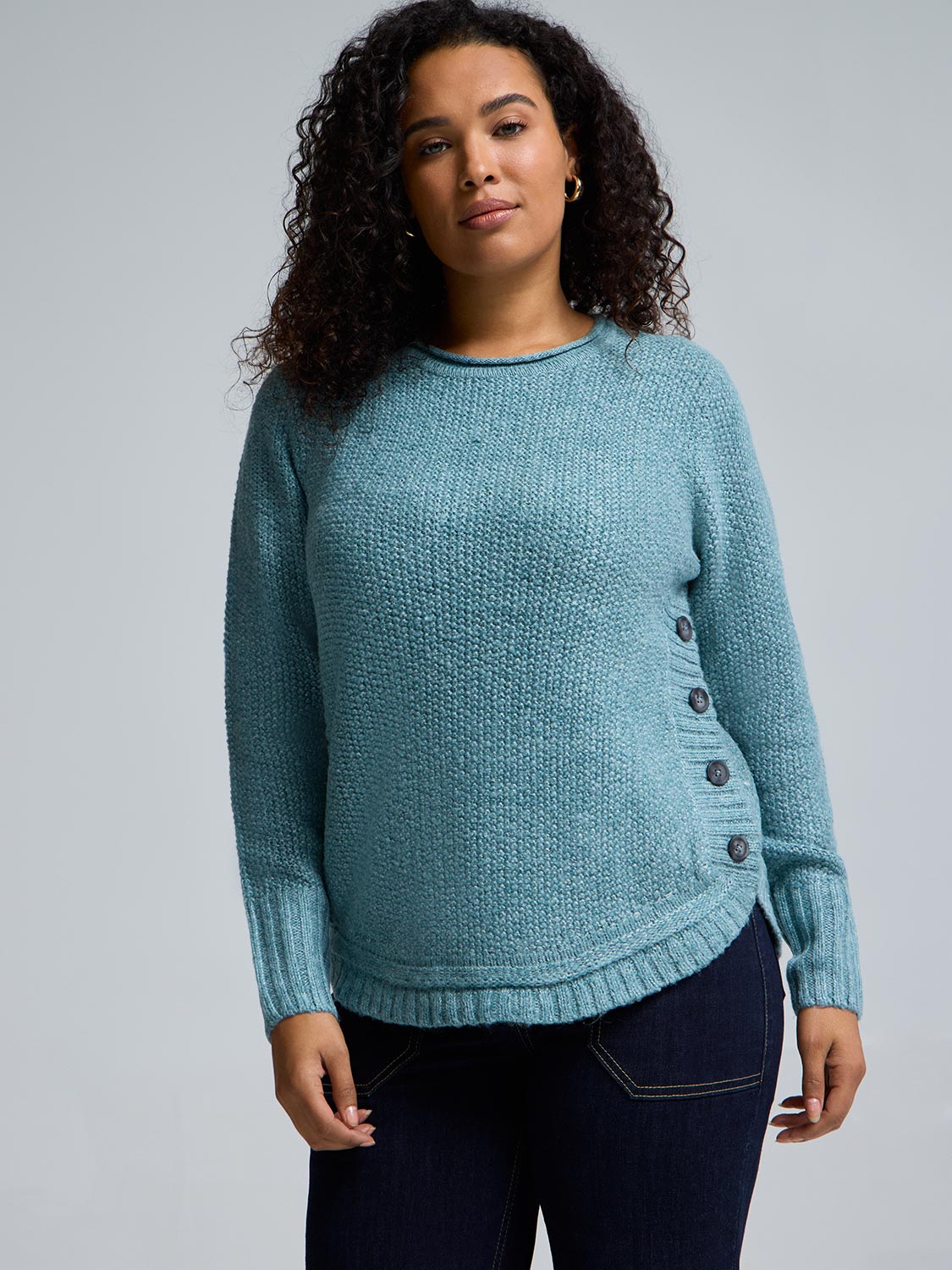 Button-Detail Rounded Hem Sweater