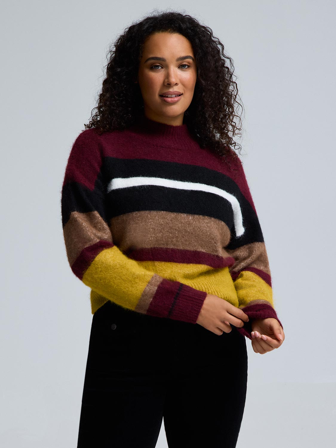 Mock Neck Striped Fuzzy Sweater