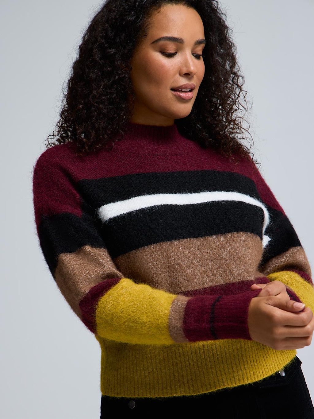 Mock Neck Striped Fuzzy Sweater