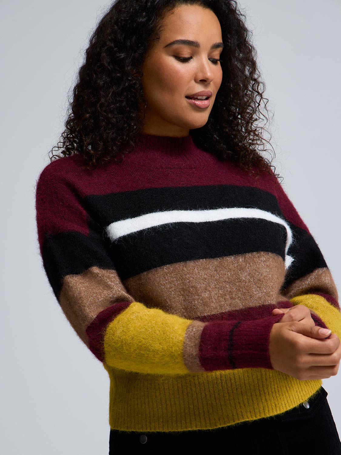 Mock Neck Striped Fuzzy Sweater